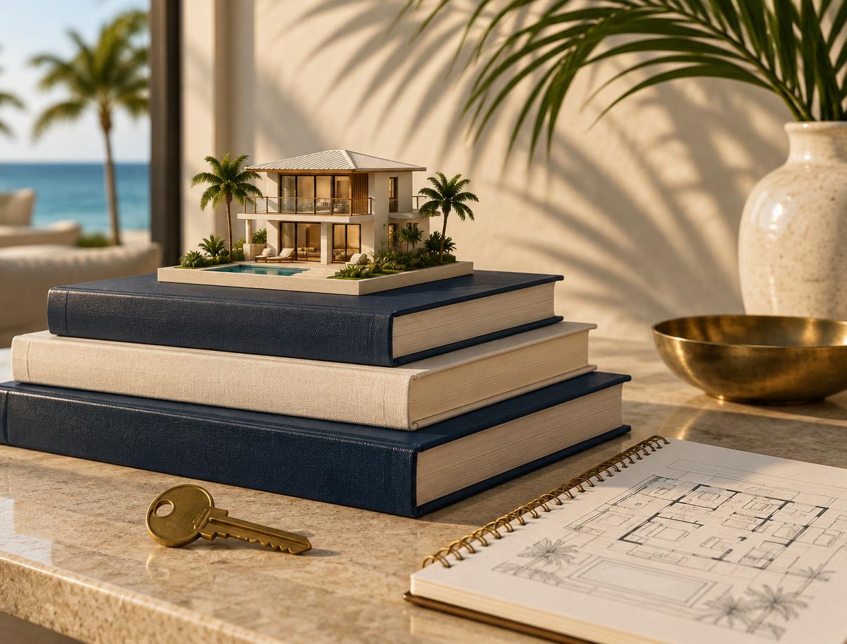 Stack of books with a Florida vacation rental model, key and floor plan